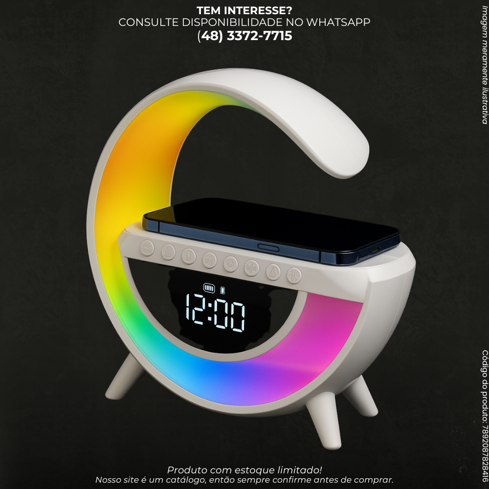Caixa de Som LED com Relógio, Rádio e Carregamento Wireless