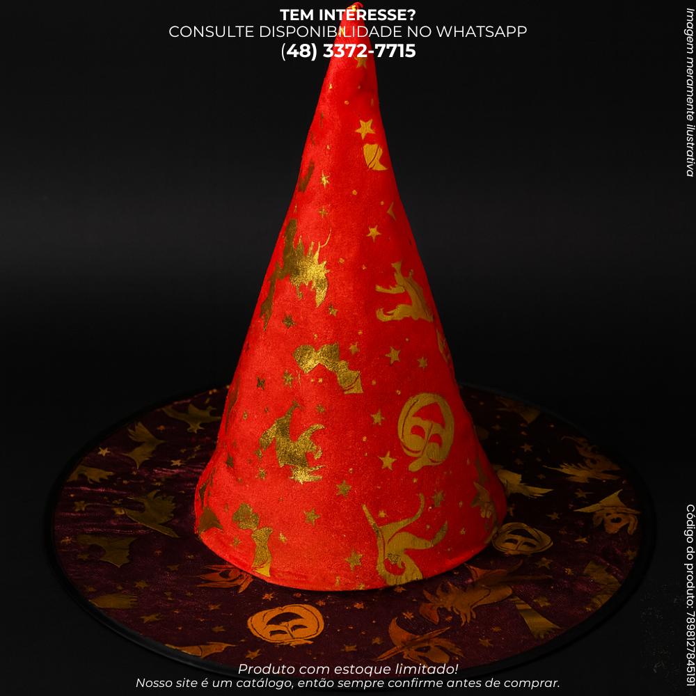 Chapéu de Bruxa Vermelho com Detalhes Dourados