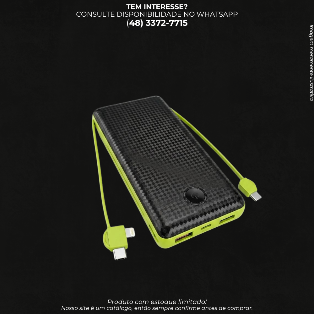 Power Bank 20.000mAh com Cabos Integrados USB-C e Lightning – Carregador Portátil AJ-C04-H