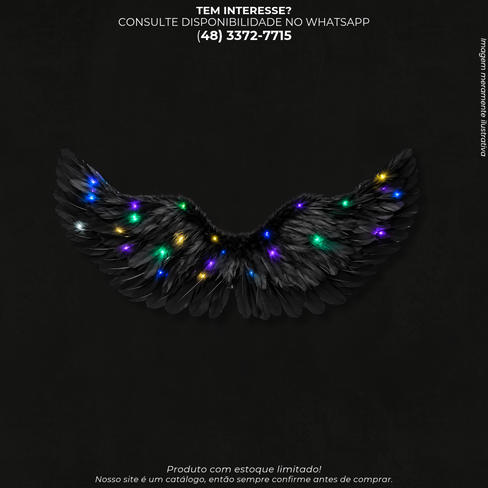 Asa de Anjo Preta com Luzes LED Coloridas para Fantasia de Halloween