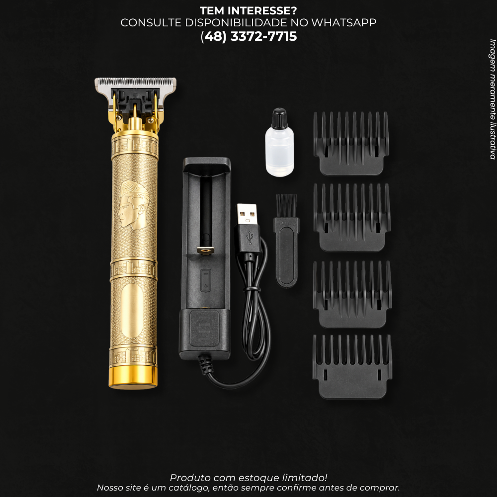 Máquina de Cortar Cabelo Profissional Recarregável Dourada – Kit com 4 Pentes LEY-1546