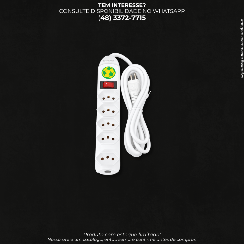 Extensão Elétrica com 5 Tomadas e Interruptor Liga/Desliga – Branca/ B-MAX 8686