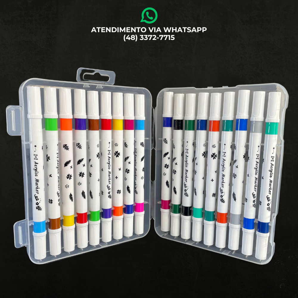 KIT DE CANETAS ACRÍLICAS DUPLA PONTA 18 CORES