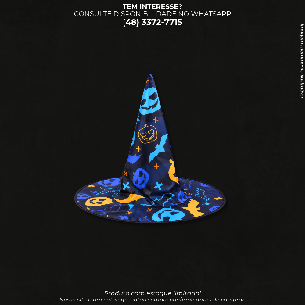 Chapéu de Bruxa Halloween Preto com Estampas Coloridas – Fantasia e Acessório