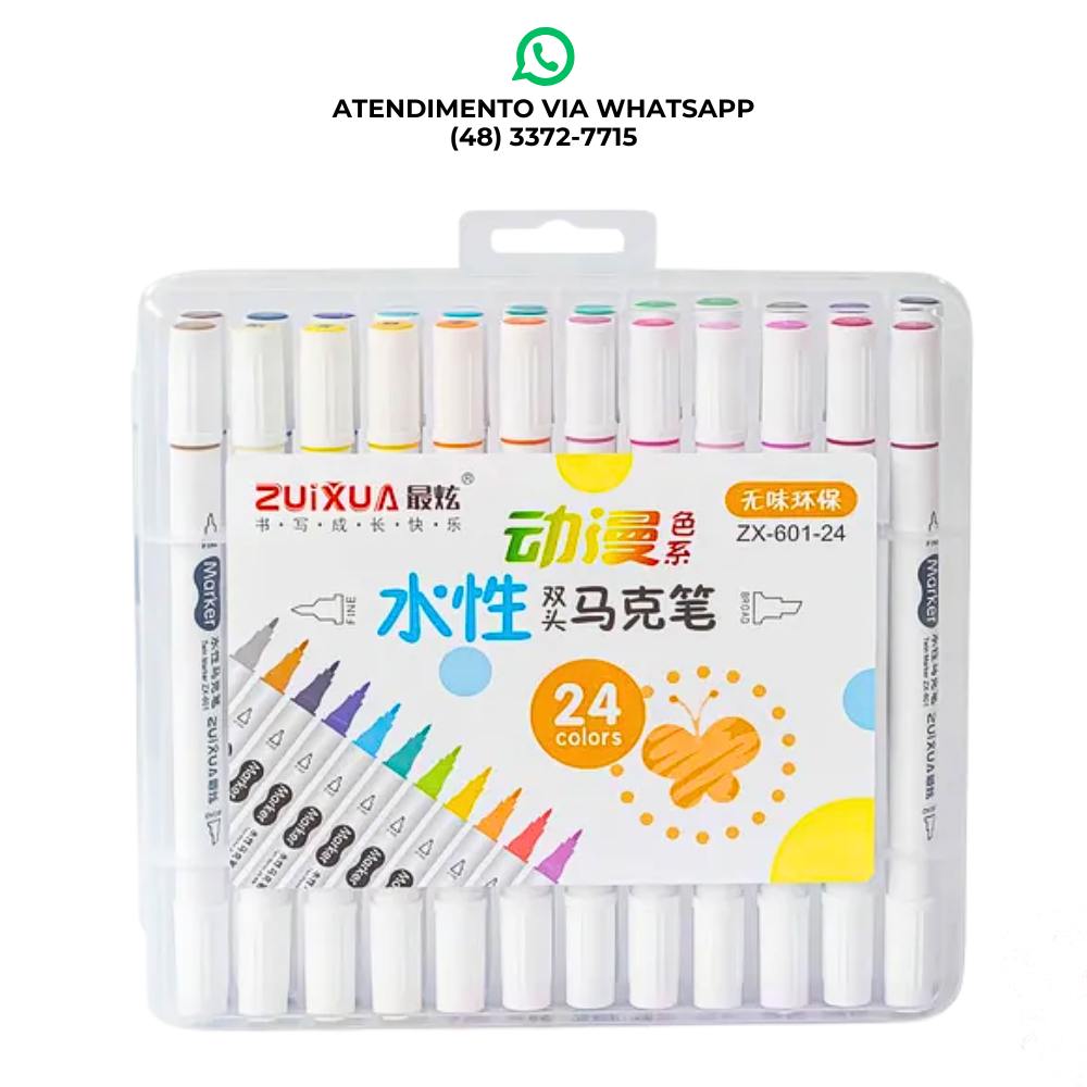 Kit 24 Canetas Hidrográficas Dupla Ponta – À Base D’Água | Estojo ZUIXUA ZX-601-24