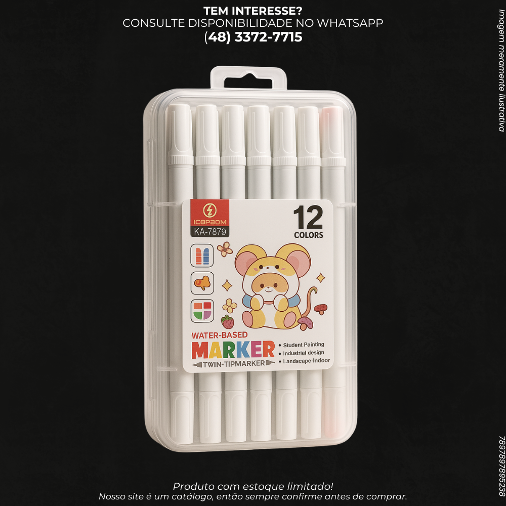 Canetas Marcadores Dupla Ponta 12 Cores à Base de Água