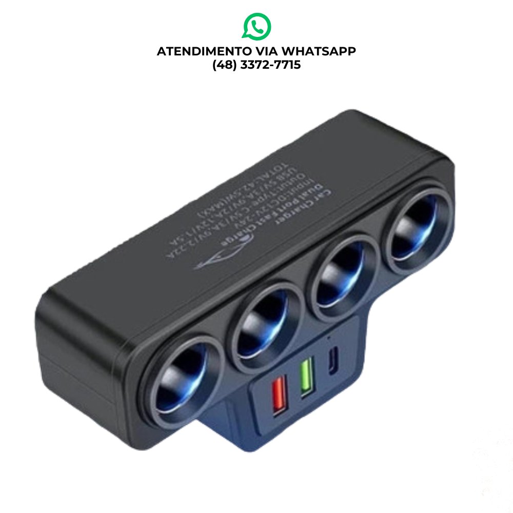 Adaptador Veicular 4 Entradas 12V + 3 Portas USB – Carregador com Saída Rápida para Carro