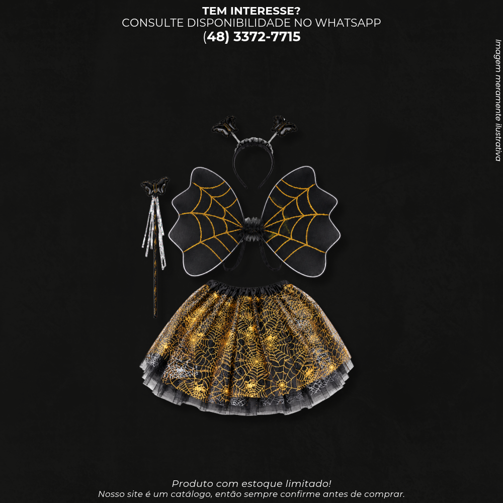 Fantasia Infantil de Halloween com Saia, Asas e Tiara – Kit 4 Peças Preto e Dourado
