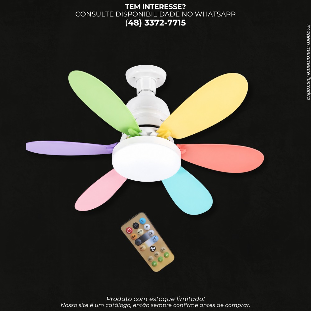 Ventilador de Teto com Luminária LED Colorida e Controle Remoto – 6 Pás AJ-M22