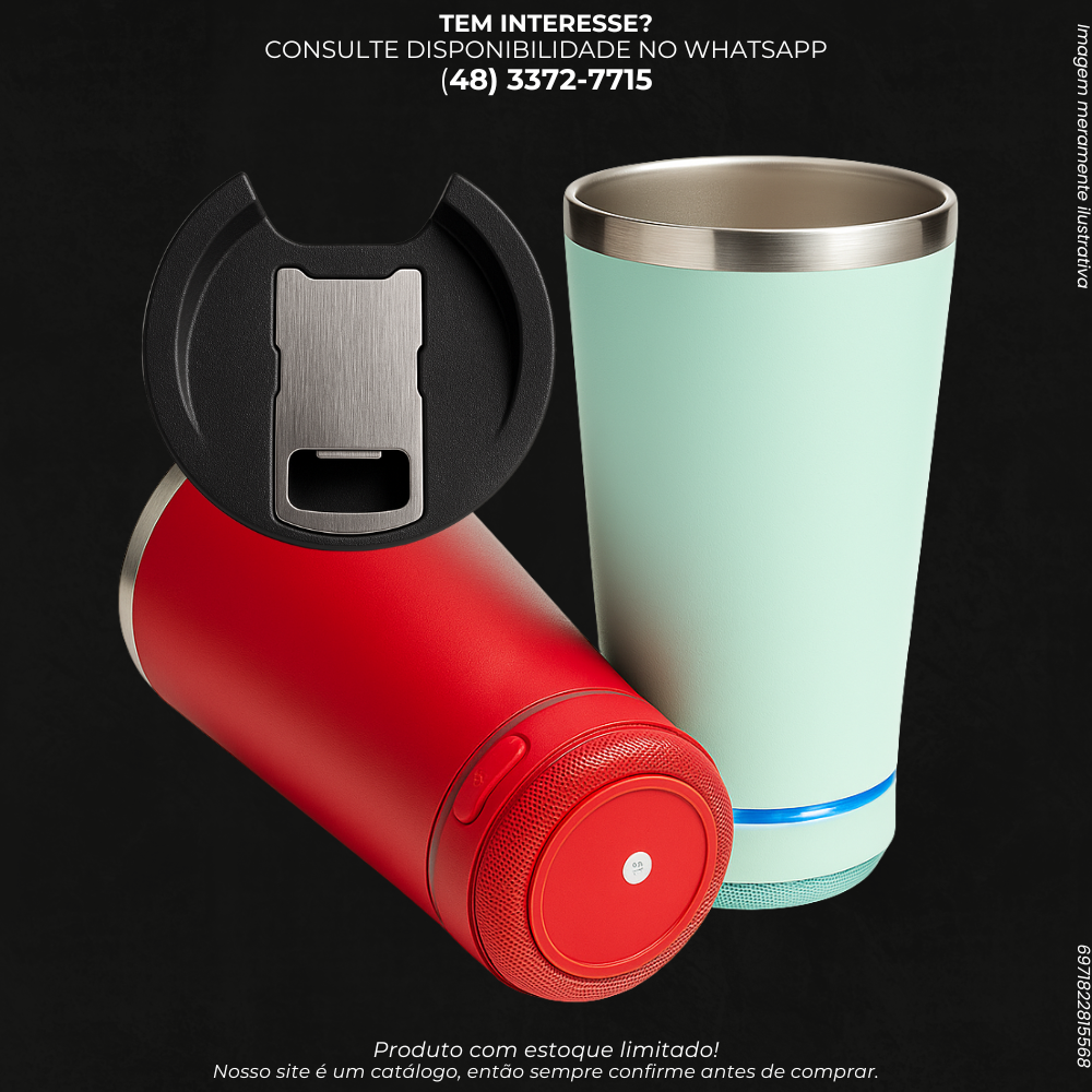 Copo Térmico 2 em 1 com Caixa de Som e Tampa Abridor