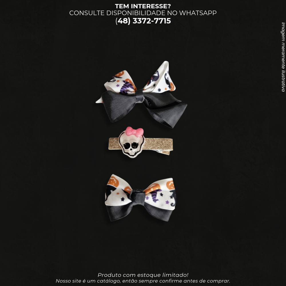 Kit 3 Presilhas Infantis de Halloween com Laços e Caveira Decorativa LL2011