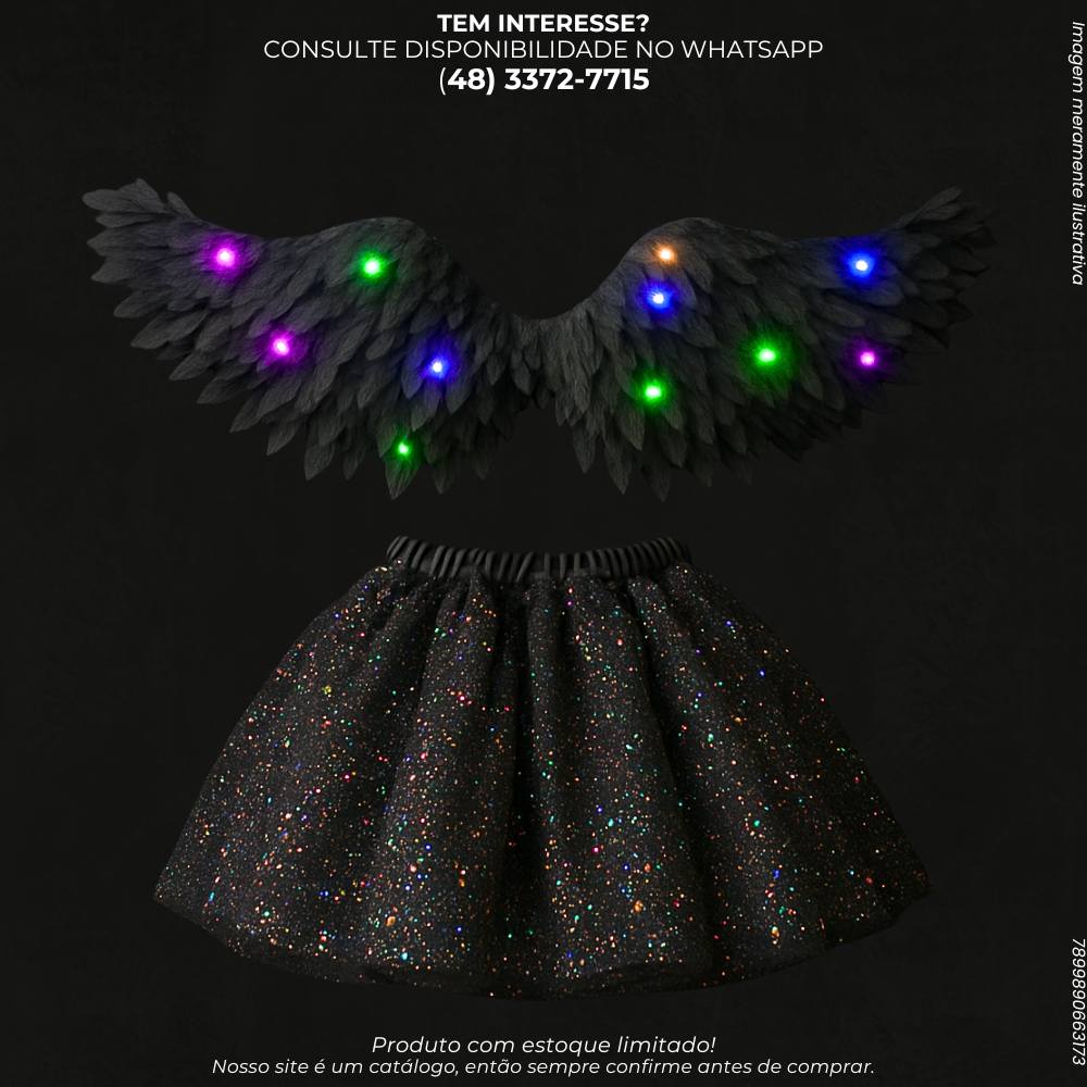 Fantasia Infantil Asas com Luzes LED e Saia Tule Preta com Glitter