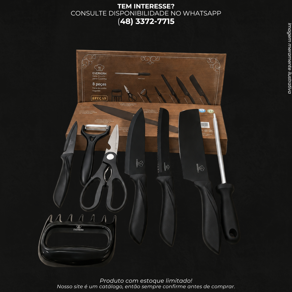 Kit Utensílios de Cozinha 8 Peças DS14676 com Facas, Tesoura, Descascador e Chaira