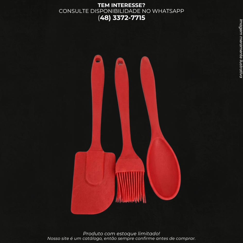 Kit Utensílios de Cozinha em Silicone 3 Peças – Espátula, Colher e Pincel Culinário