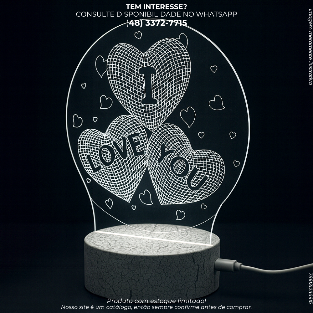 Luminária 3D Criativa com Base de Luz RGB e Design “I Love You”