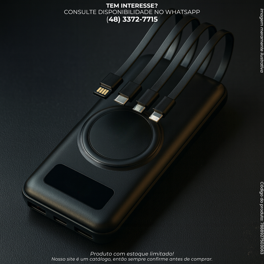 Power Bank 20000mAh com Carregamento Rápido e Cabos Integrados