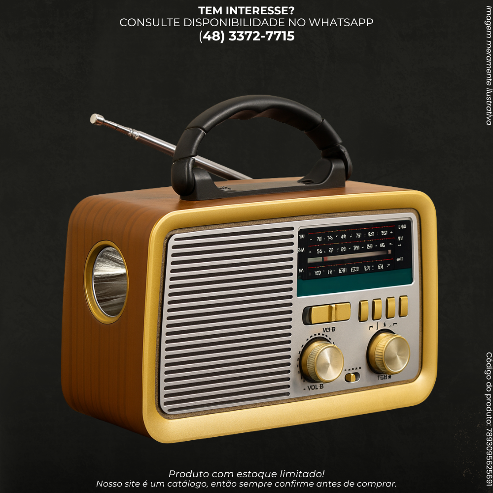Rádio Vintage Portátil com Bluetooth, USB e Lanterna