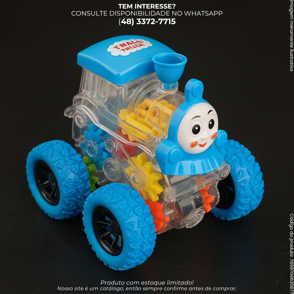 Trem de Brinquedo com Rodas Grandes e Engrenagens Visíveis