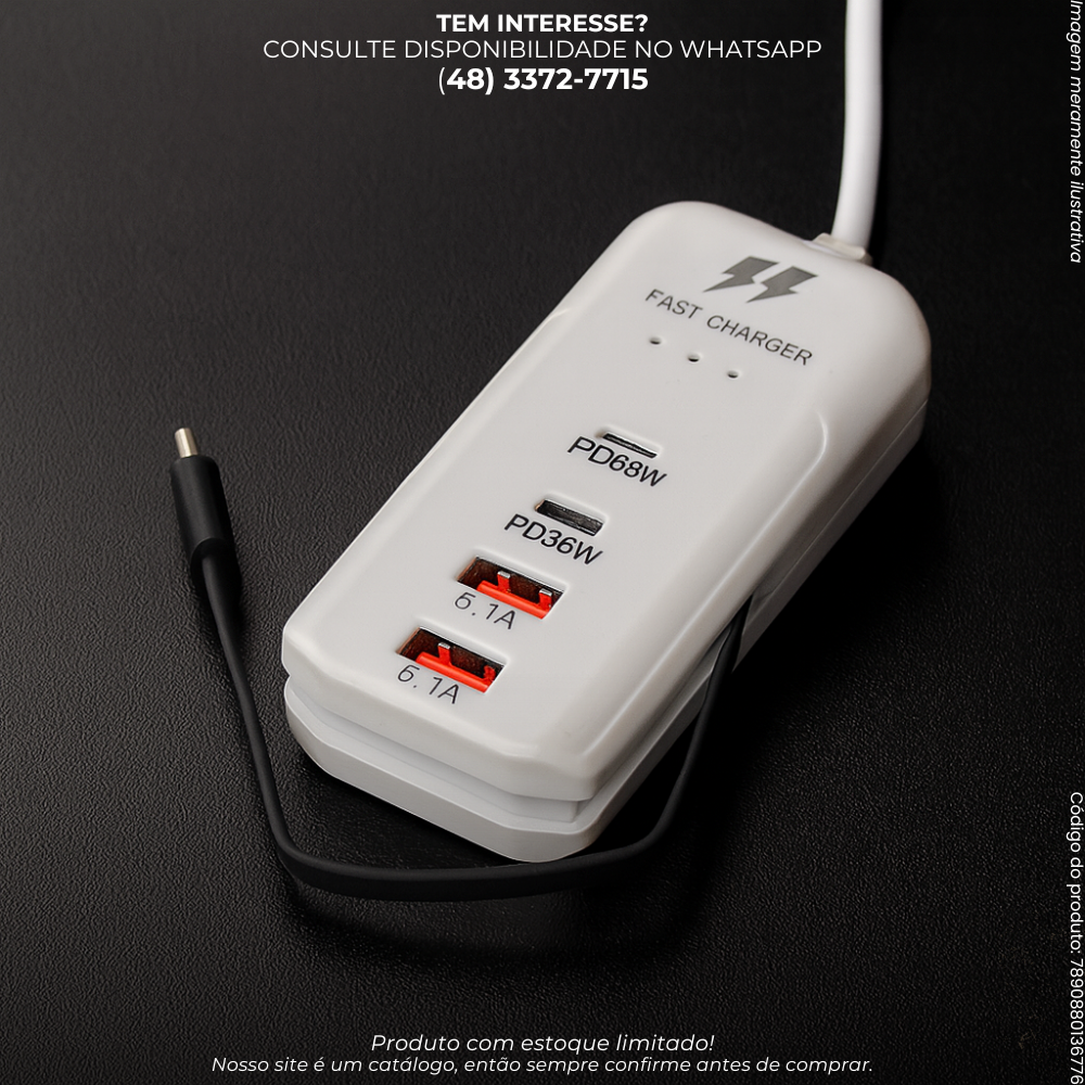 Carregador Turbo 66W 4 Portas USB e Tipo-C