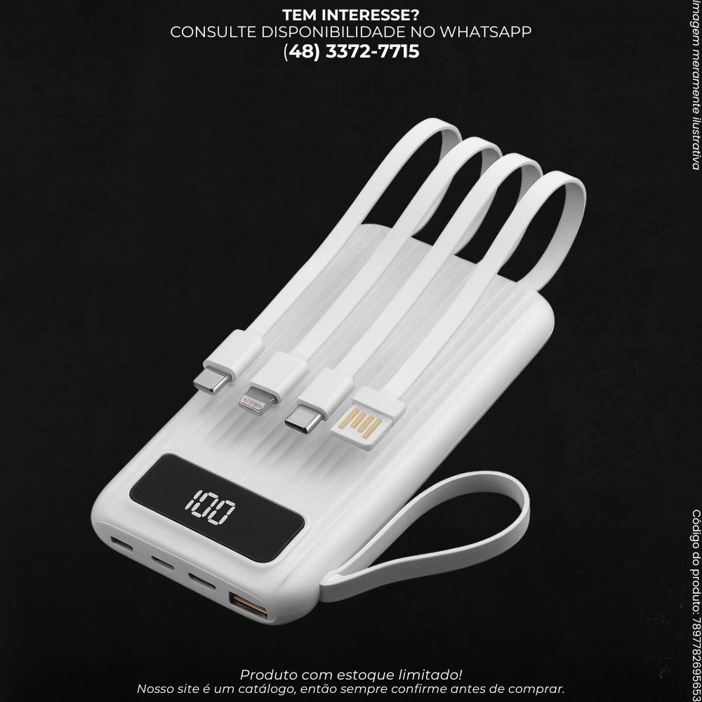 Power Bank 10.000mAh com 4 Cabos Embutidos e Display Digital