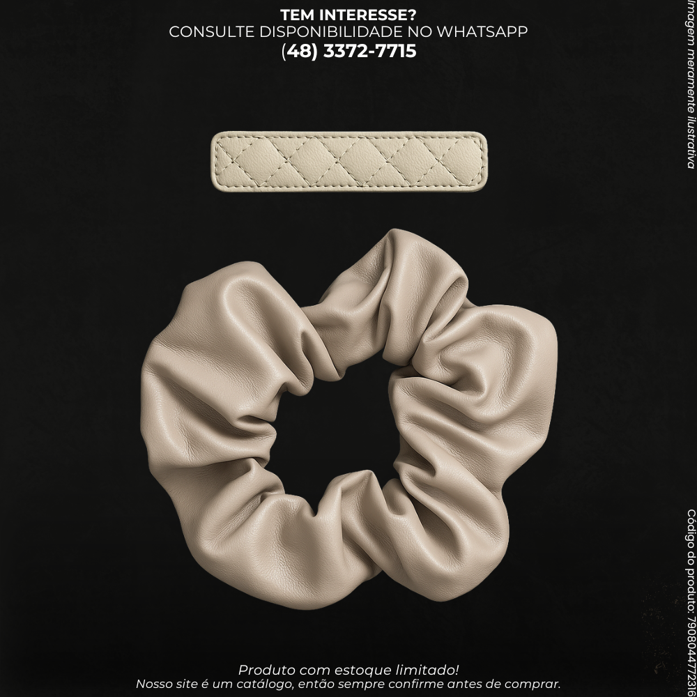 Scrunchie Couro Sintético Bege + Presilha Branca Acolchoada