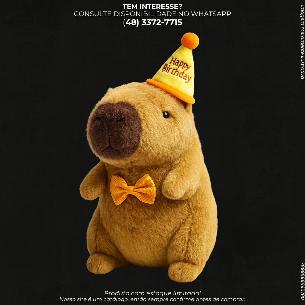 Pelúcia Capivara Musical com Chapéu de Aniversário