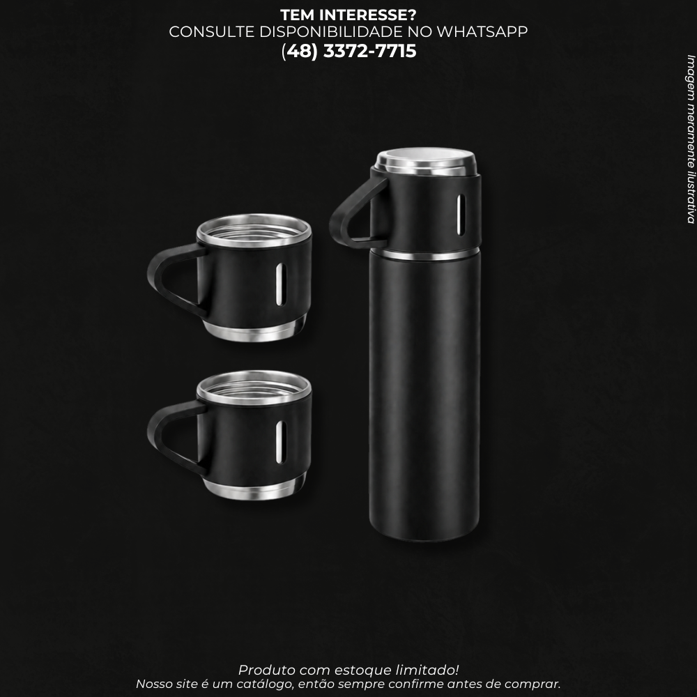 Garrafa Térmica em Aço Inox com  Canecas – Parede Dupla para Café, Chá e Chimarrão