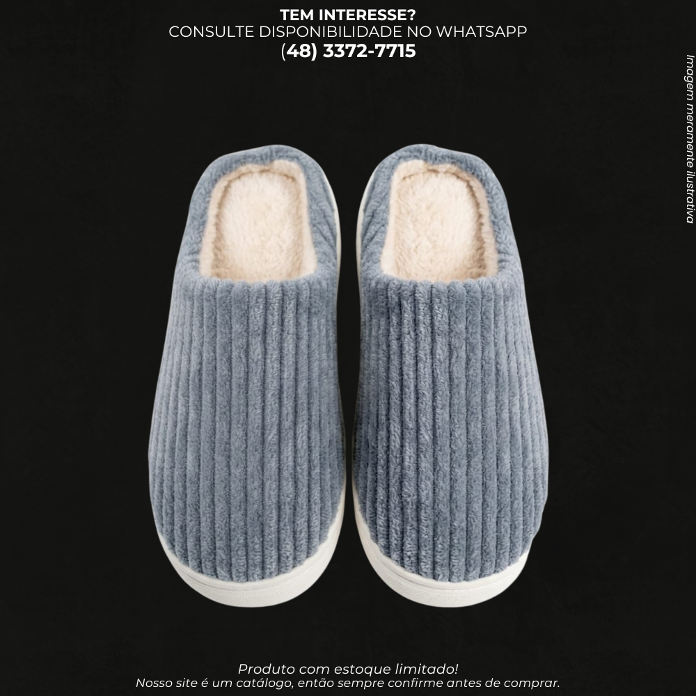 Pantufa Masculina/Unissex em Pelúcia Cinza com Forro Macio e Solado Branco