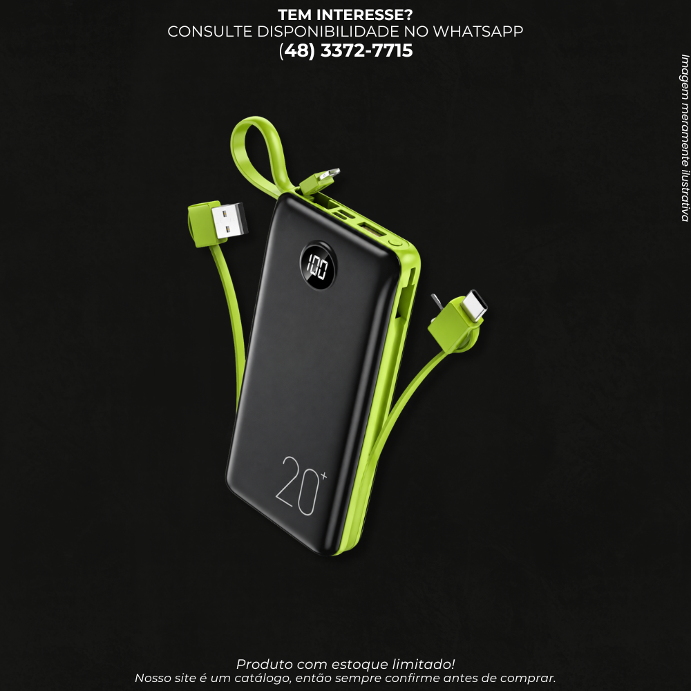 Power Bank 20.000mAh com Display Digital e Cabos Integrados – Carregador Portátil-YD-05