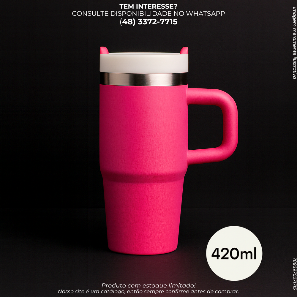 Copo Térmico Rosa com Alça e Tampa – 420ml