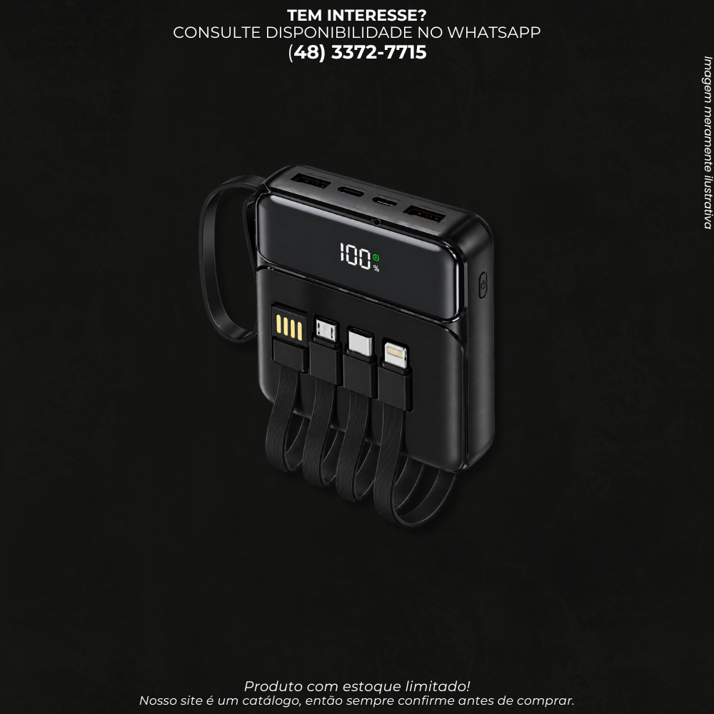 Carregador Portátil Power Bank 10.000 mAh com Cabos Integrados e Visor Digital KA-9206