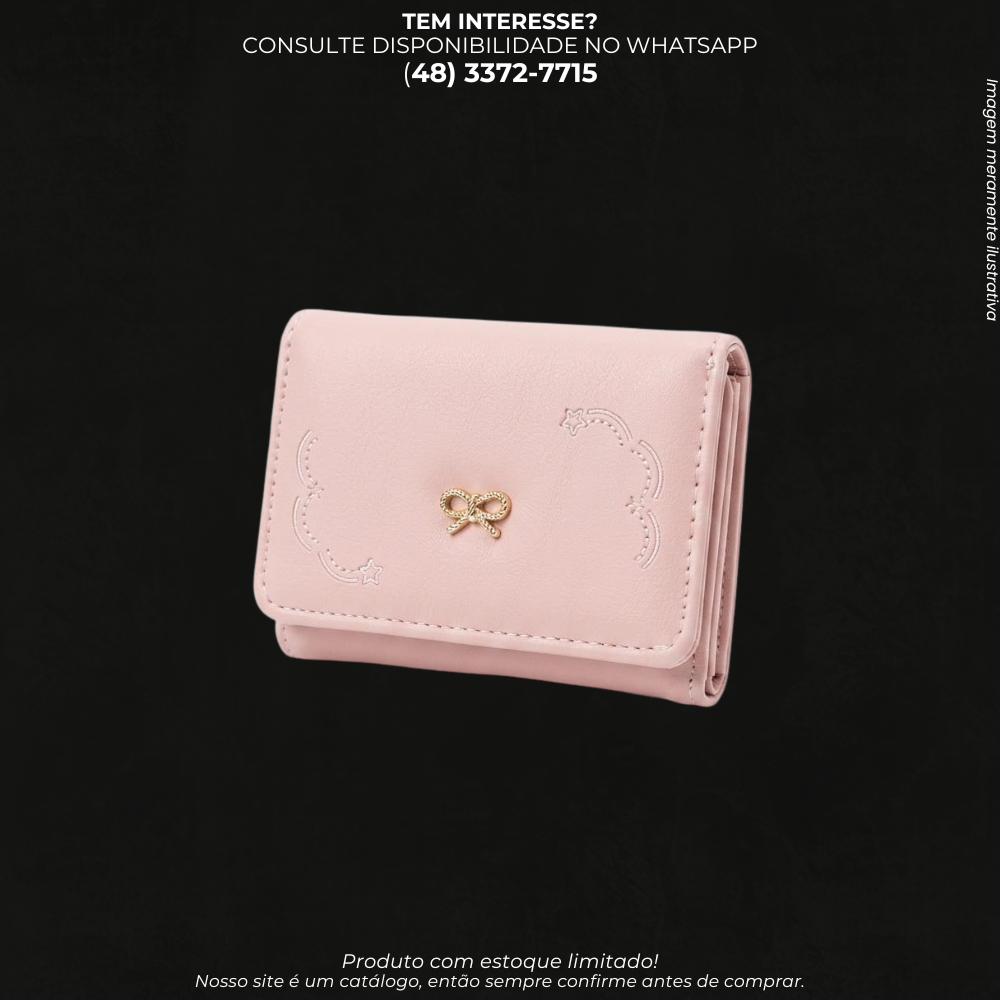 Carteira Feminina Compacta Rosa com Laço Dourado e Detalhes Delicados