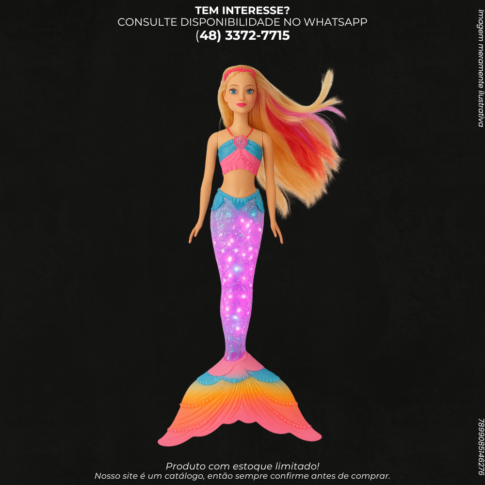 Boneca Sereia com Cauda Iluminada e Cabelos Coloridos