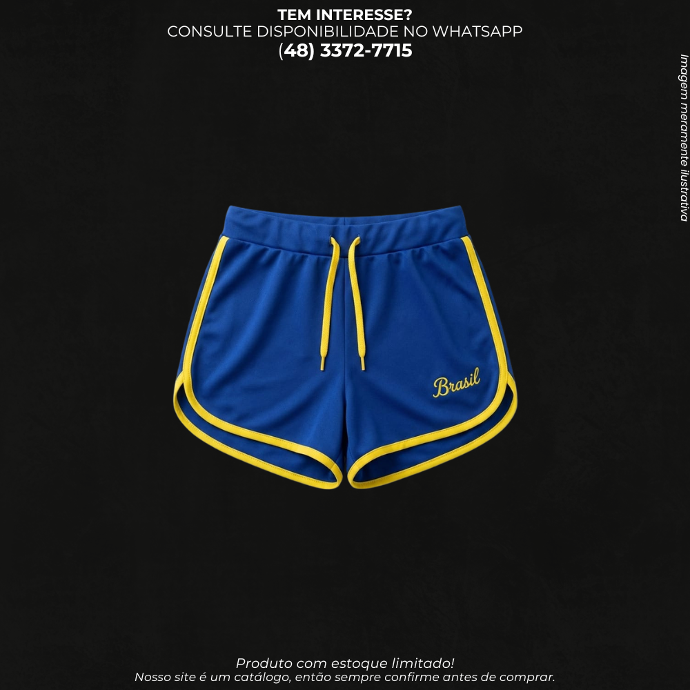 Short Esportivo Feminino Brasil Azul com Detalhes Amarelos e Cordão Ajustável