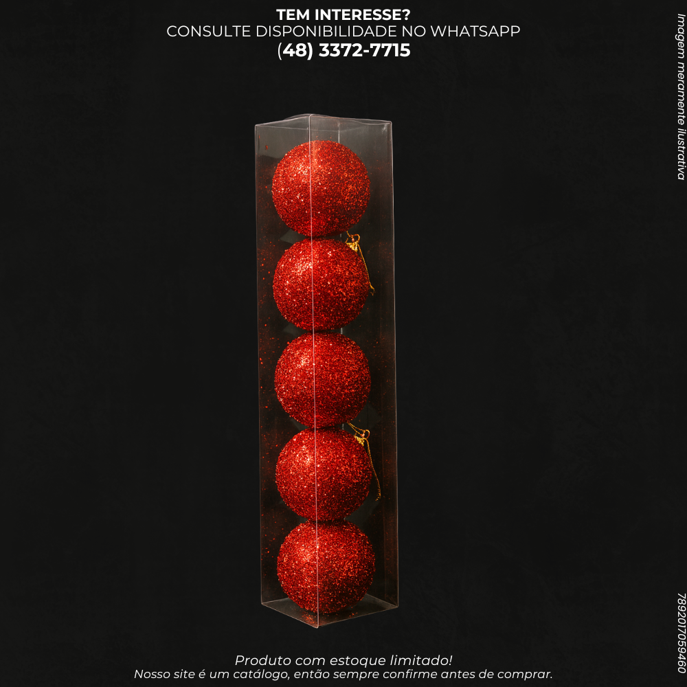 Kit 5 Bolas Natalinas com Glitter Vermelho
