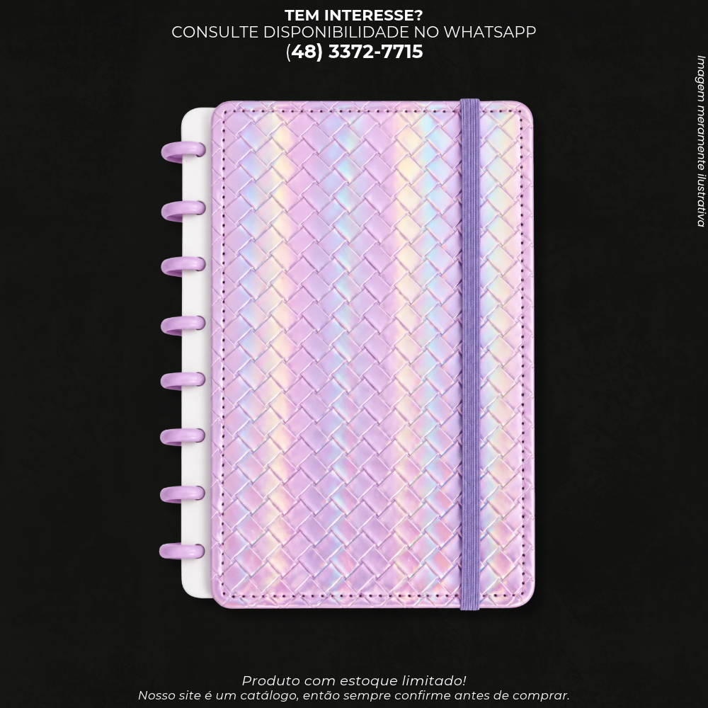 Caderno Inteligente Lilás Holográfico com Discos e Elástico – Capa Trançada XZ-2354