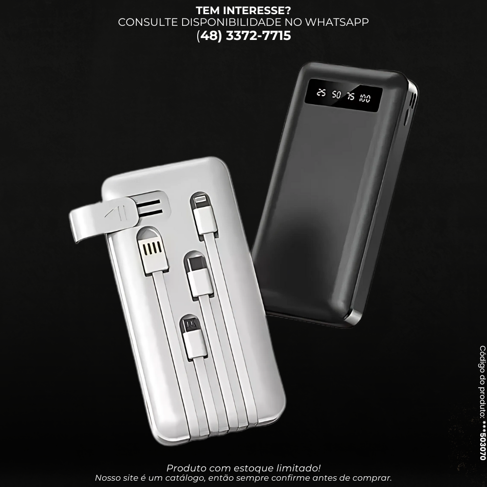 Power Bank 20000mAh com Cabos Embutidos