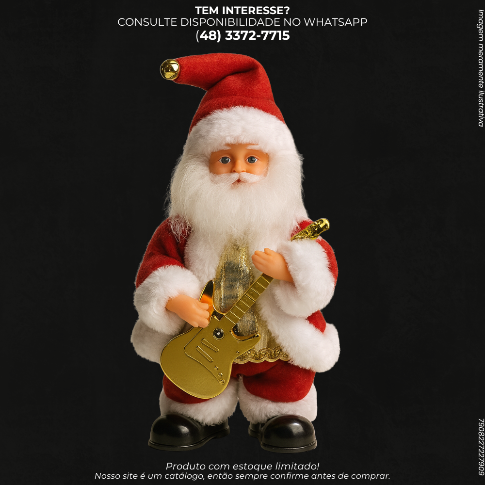 Papai Noel Decorativo Musical com Guitarra Dourada – 3x AA