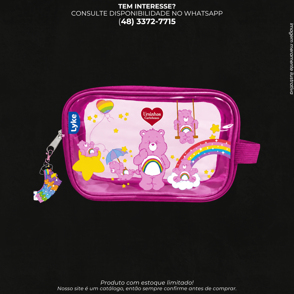 Necessaire Escolar Lyke Ursinhos Carinhosos Transparente Rosa com Zíper e Pingente