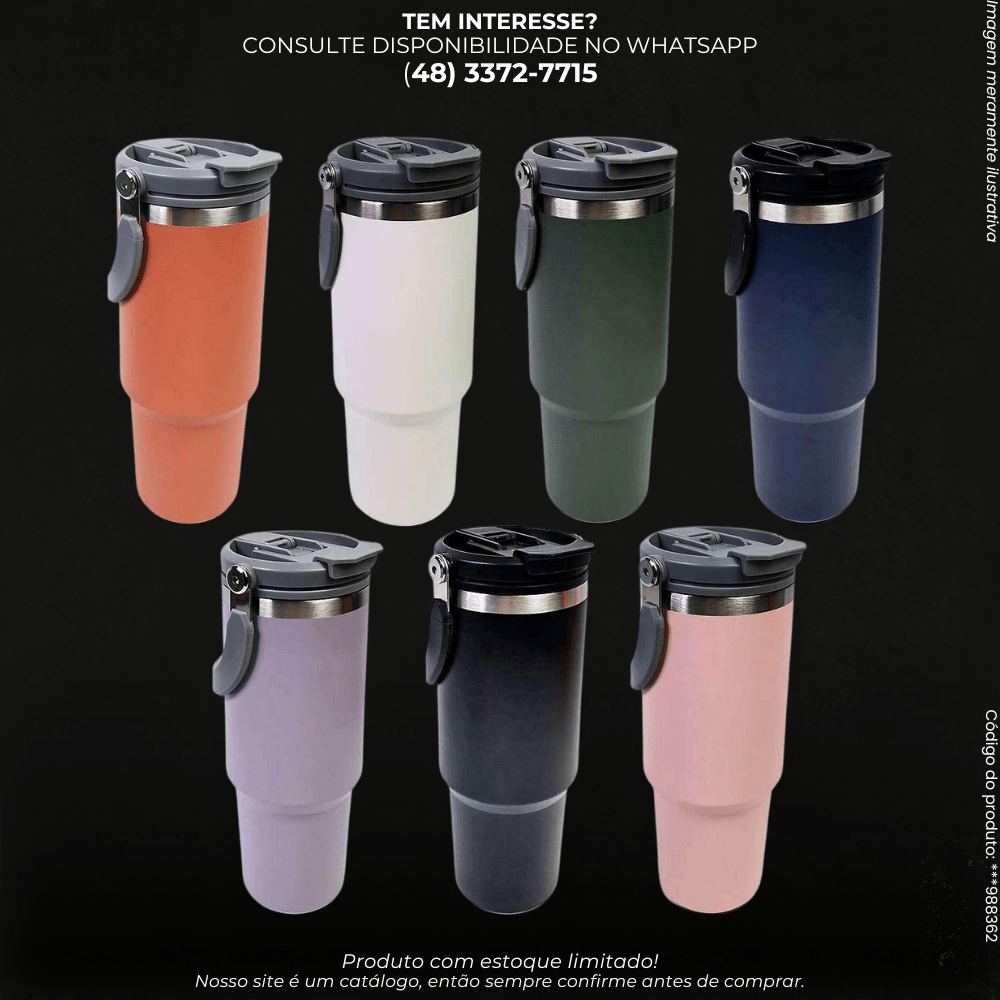 Copo Térmico Inox 900ml com Tampa e Alça Antivazamento - G POWER
