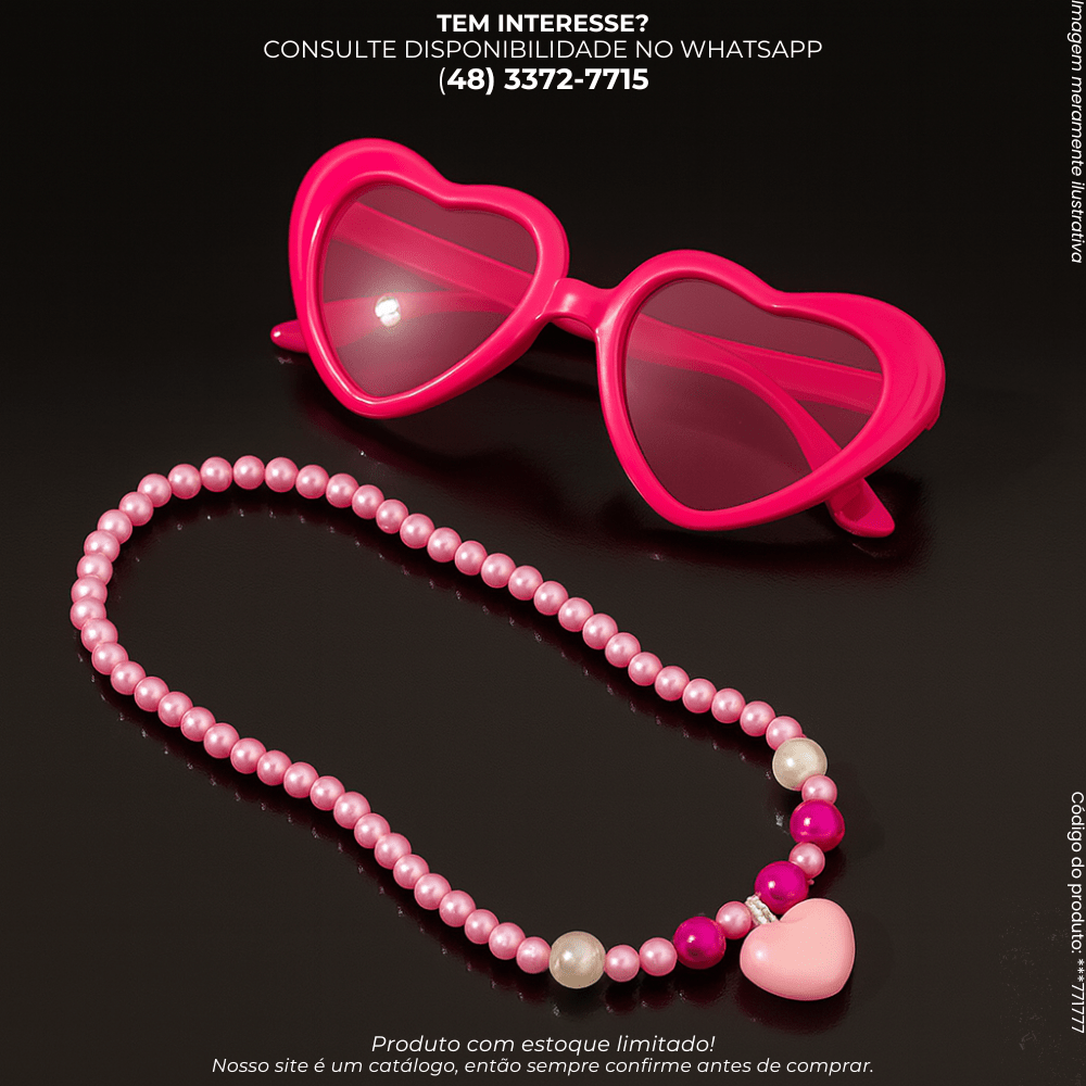 Kit Óculos Coração + Colar de Pérolas Rosa Infantil - G POWER
